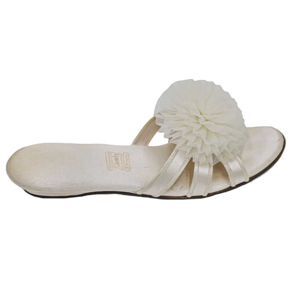 Ivory‎ Cream Floral Pom Slide Sandals Strappy Flat Bridal Wedding Womens Size 7